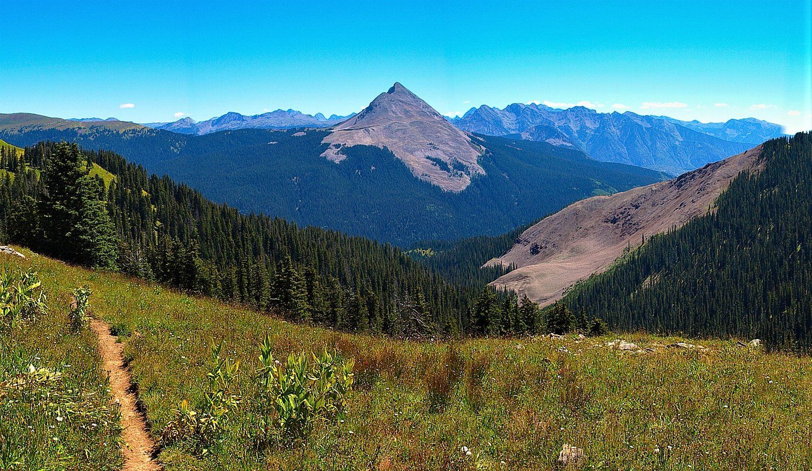 An empty singletrack trail through a mountain meadow with Engineer Mountain beyond, Colora, a Wikimedia Commons photograph in the encyclopedia of Candace Cooley