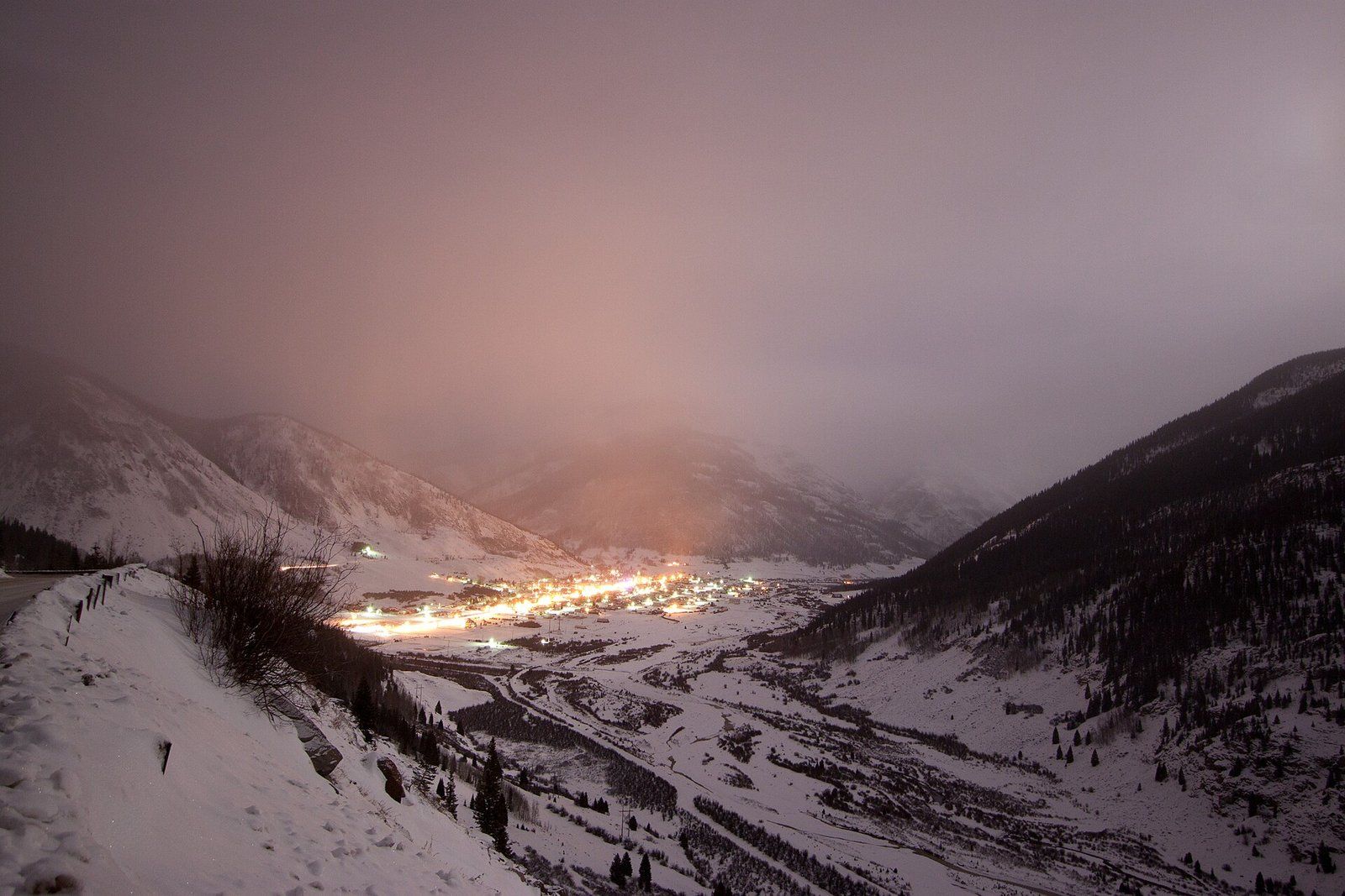 The lights of the mountain town of Silverton, Colorado in a snowy valley on a winter night, a Wikimedia Commons photograph in the encyclopedia of Candace Cooley