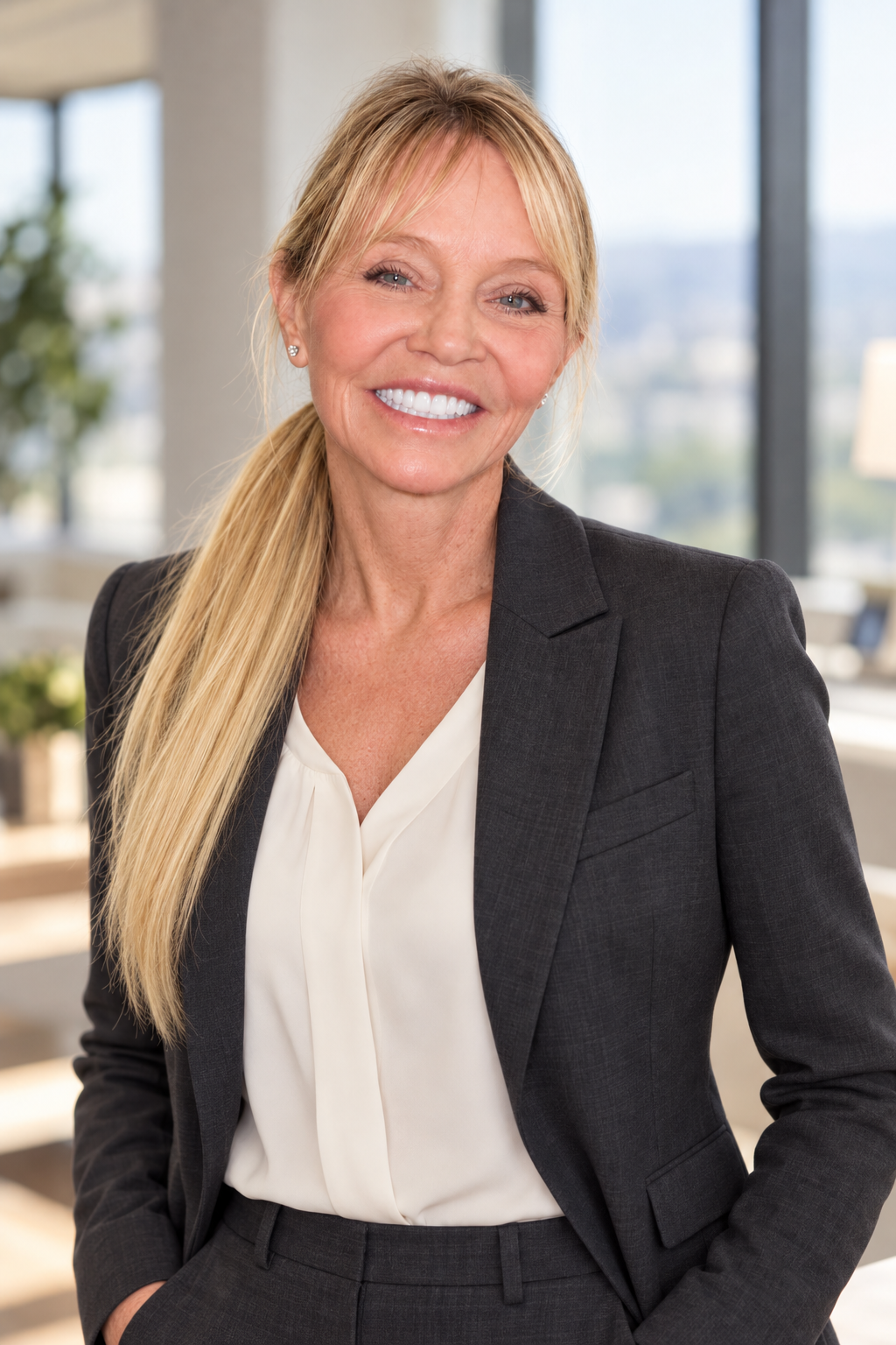 Candace Cooley, MD, smiling in a charcoal blazer and ivory blouse beside tall windows